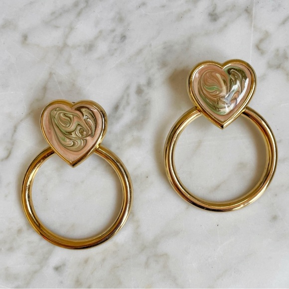 Vintage Jewelry - Vintage 80s Marbled Heart & Hoop Earrings